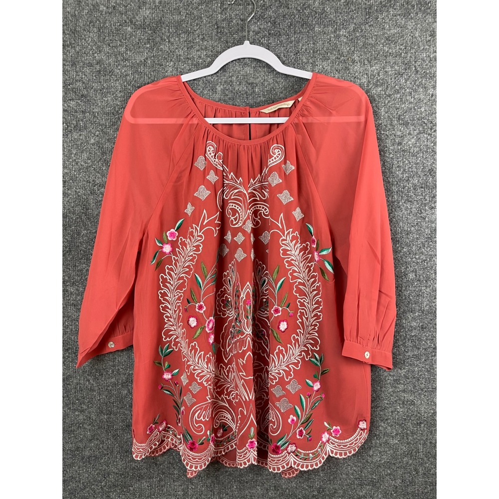 Soft Surroundings Bella Top Womens XL Coral New Floral Embroidered 3/4 Sleeve